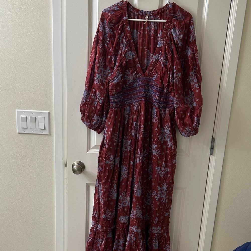 Free People Red and Blue Long Sleeve Dress